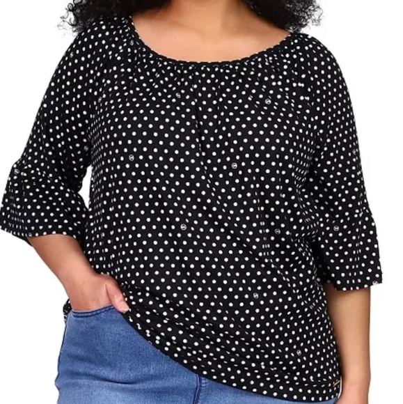 MICHAEL Michael Kors Polka Dot Scoop Neck Ruffled 3/4 Sleeve Peasant Top - Picture 3 of 3